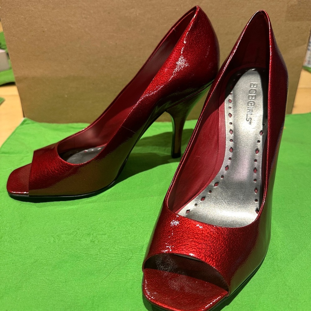 BCBG Ariel Ruby Red Open-Toe Stiletto Pumps